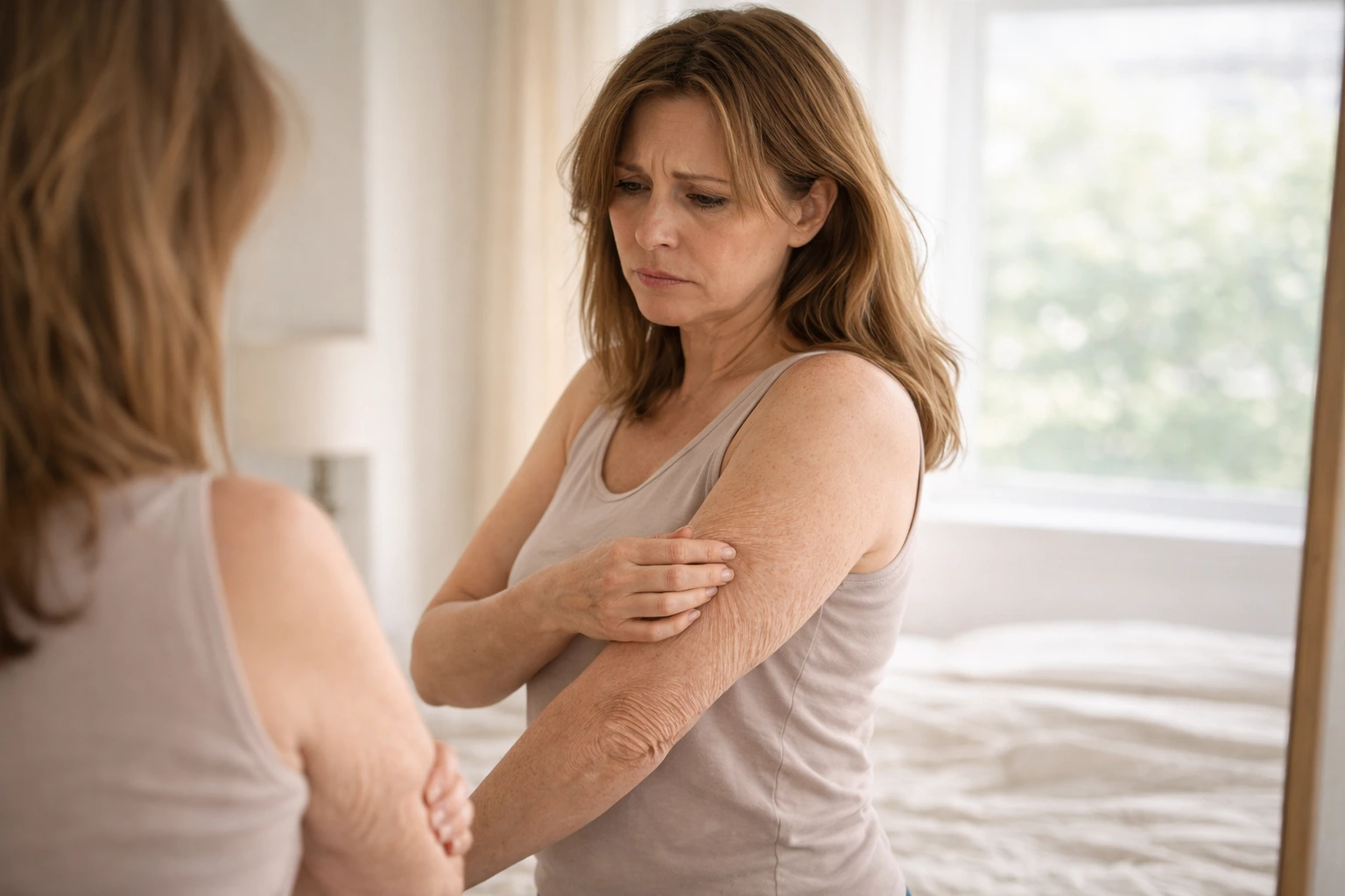 Woman looking at her arms in the mirror